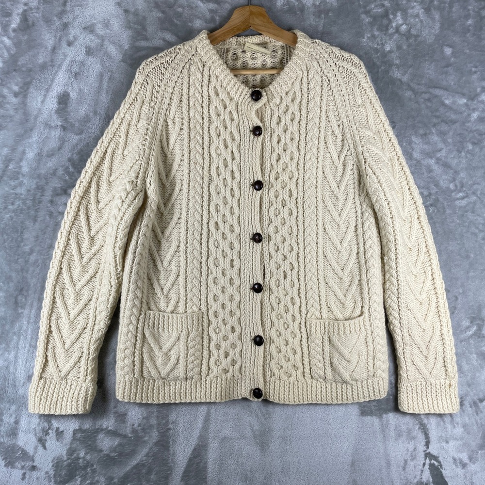 Vintage Gaeltarra Cardigan Size 38 Cream Handknit Wool Cable Knit Ireland Chunky